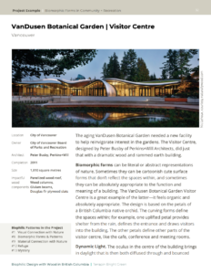 First page of the VanDusen Botanical Garden Visitor Center case study—including image, project data and biophilic patterns—as an example of how case studies are laid out in this publication.