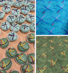 Three images. Left: Cupcakes with PDX carpet-patterned frosting. Top right: Original PDX carpet design on blue. Lower right: New iteration of PDX carpet design on green.